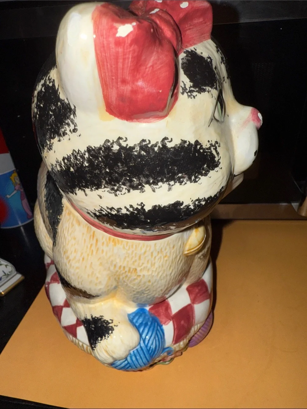 Ceramic Black & White Striped Cat Figurine with Red Bow